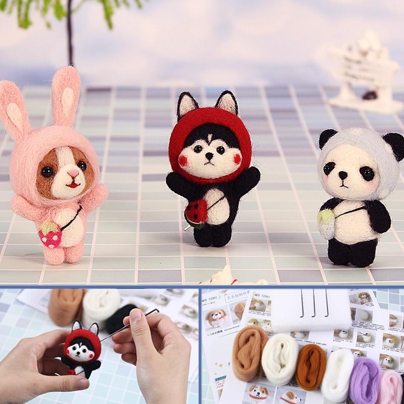 Lot 3 Wool Felt Kit Set Needle Roving DIY Handmade Craft Animal Bunny Panda  Dog