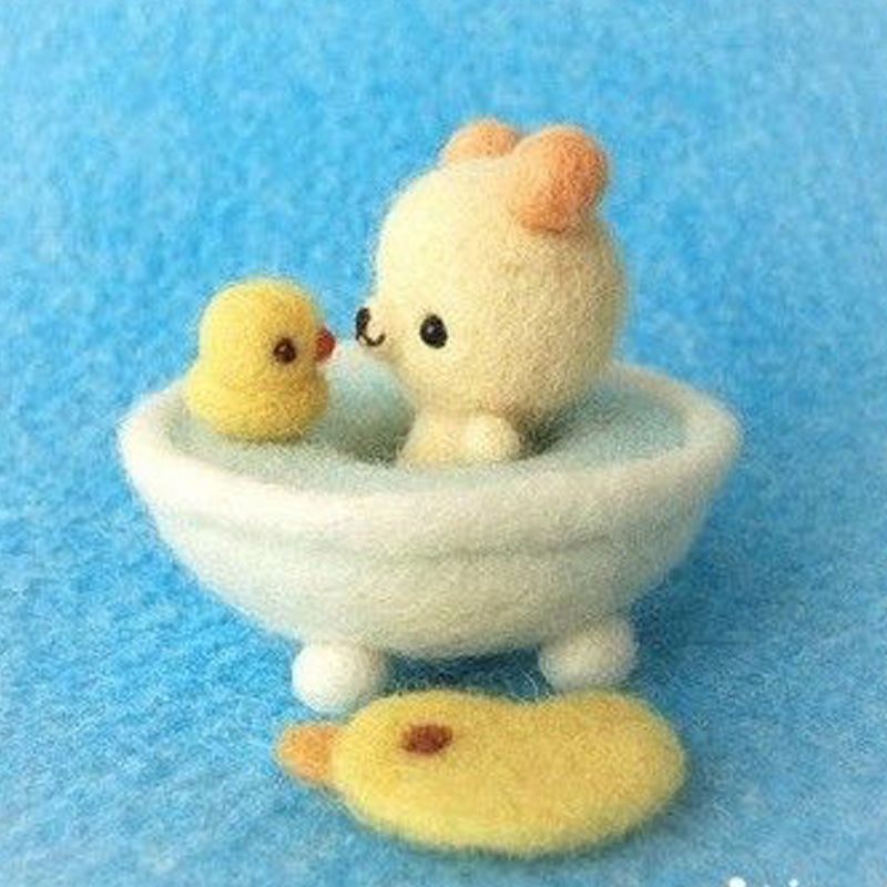 Cute Needle Felted Bear in Bathtub with Yellow Rubber Duck - Needle Felting Kits